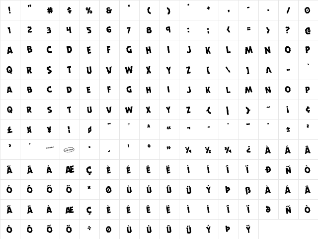 Horroween Rotated Regular  glyph index