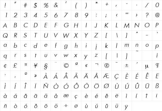 Limerick-Serial-Light RegularItalic  glyph index