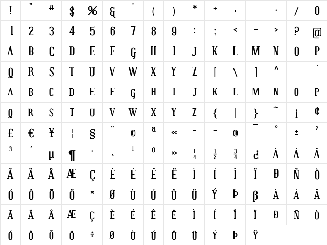 Covington SC Bold  glyph index
