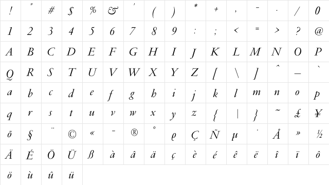 PF Garamond Classic Italic  glyph index