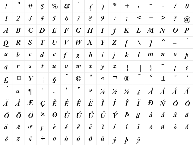 Ehrhardt MT Semi Bold Italic  glyph index
