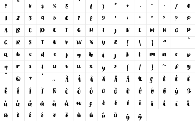 Amel Brush Font Regular  glyph index