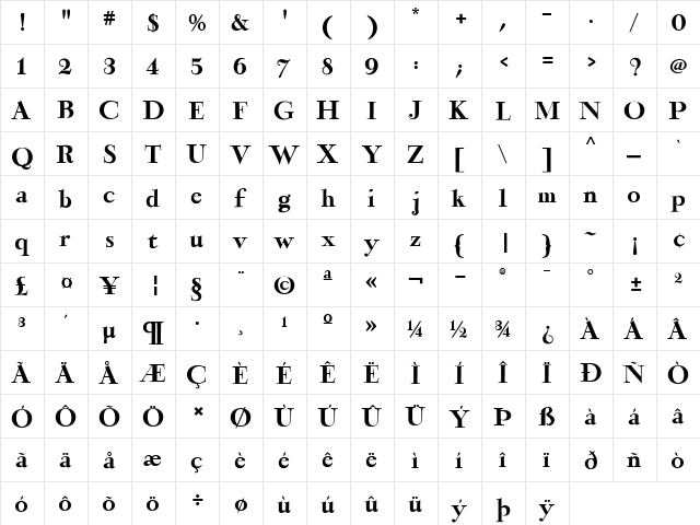 Narcissus Regular  glyph index