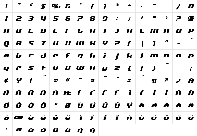 SF Quartzite Bold Oblique  glyph index