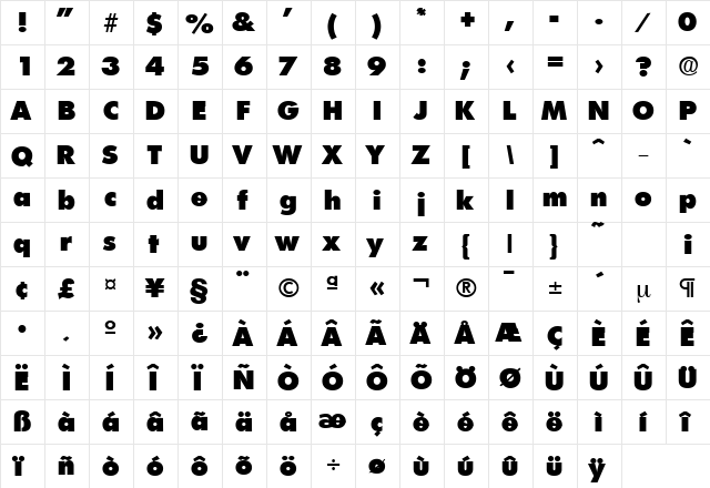 Limerick-Serial-Heavy Regular  glyph index