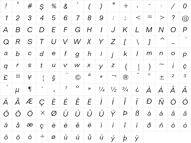Folio Light Italic  glyph index