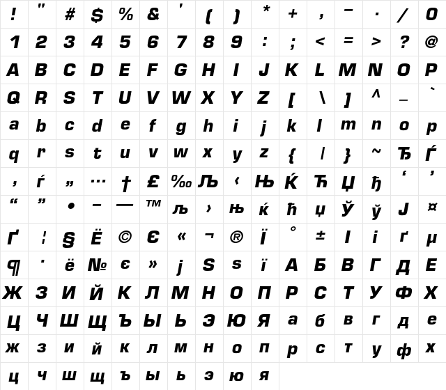 Europe Bold Italic  glyph index