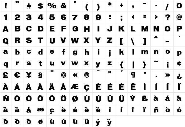 Macromedia Regular  glyph index
