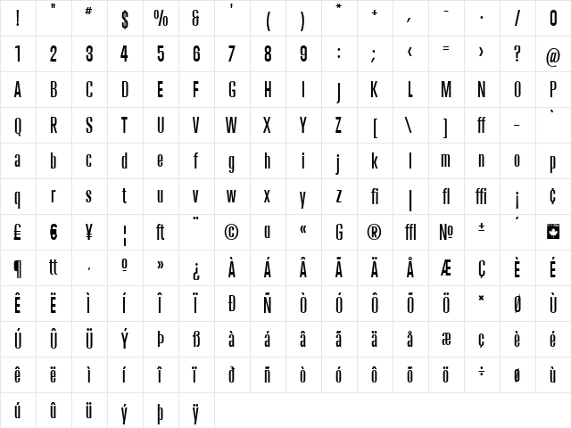 Trump Gothic West Medium Regular  glyph index