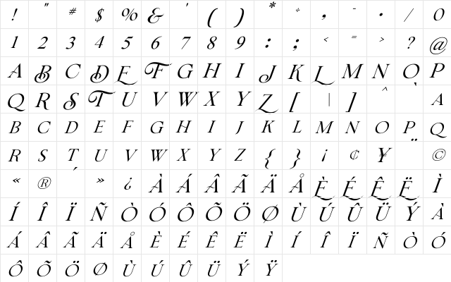 Bricktown Italic Regular  glyph index