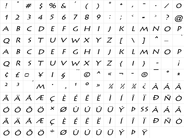 Liste Wide Italic  glyph index