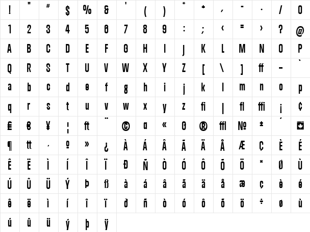 Trump Gothic East Bold  glyph index