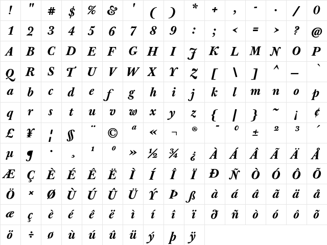 J Baskerville TxN Bold Italic  glyph index