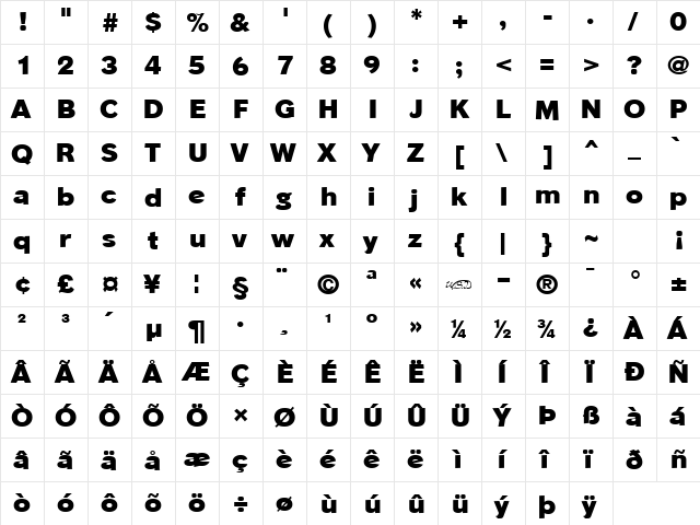 Phinster Heavy Normal  glyph index