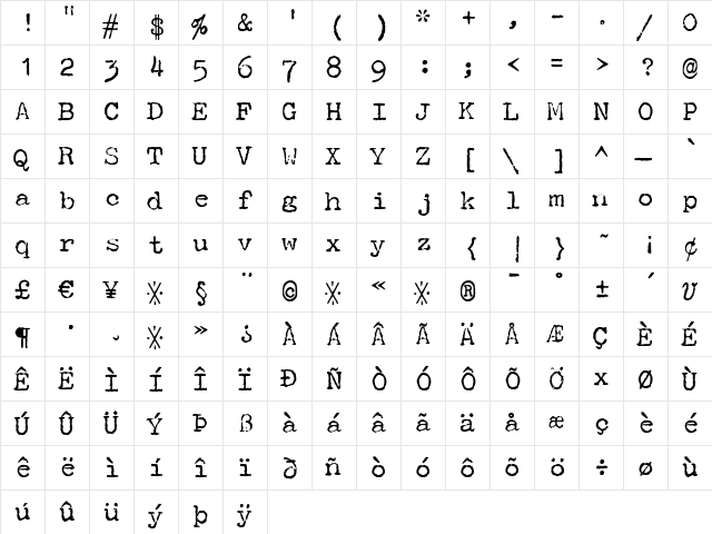 P22Typewriter Medium  glyph index