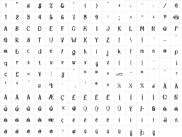 Maraca Bold  glyph index