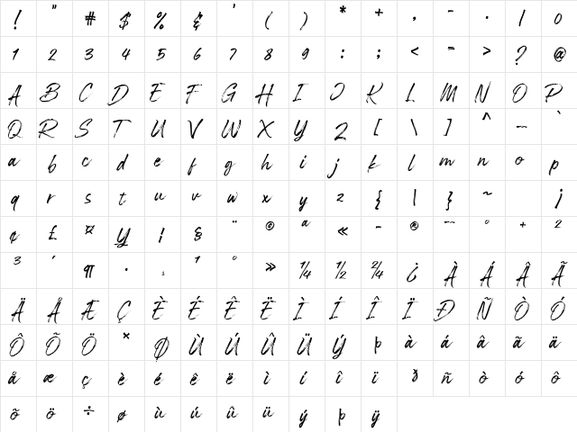 Heritage Regular  glyph index