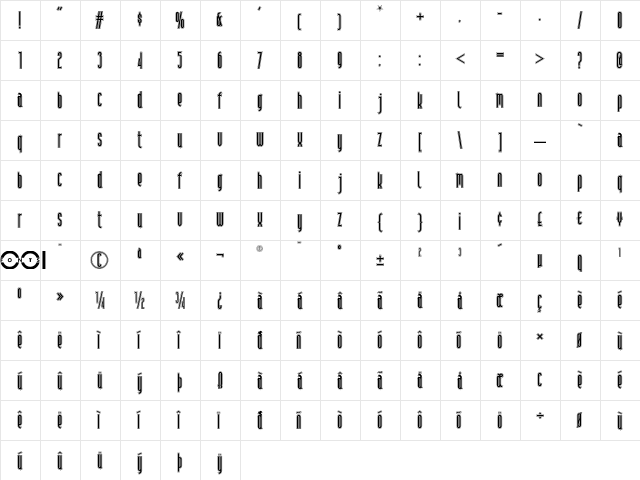 Andiron Outline NF Regular  glyph index