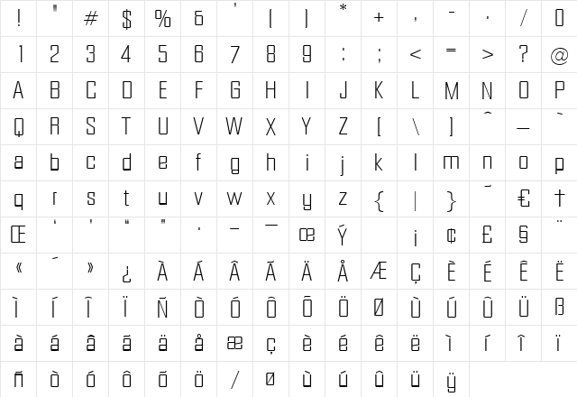 Carrera Regular  glyph index