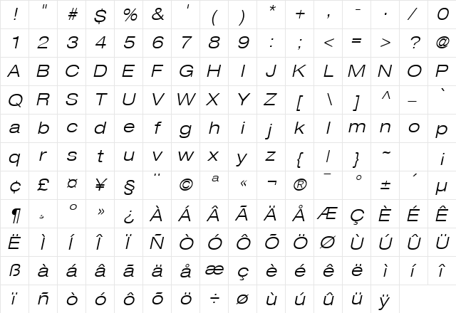 HeaveneticaExtd4 LtOblSH  glyph index