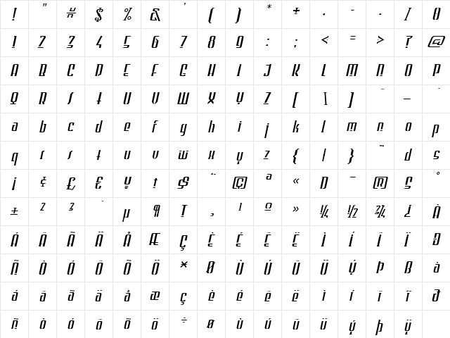 WILD1 Firstvision Tekkst Bold Italic  glyph index