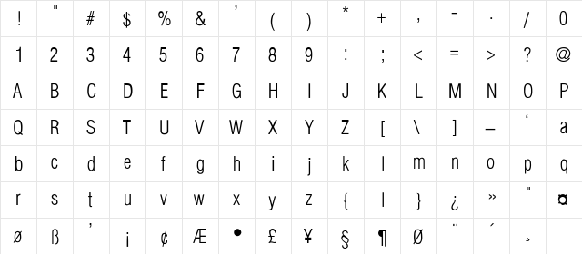 Partridge-Condensed-Light-Li Regular  glyph index
