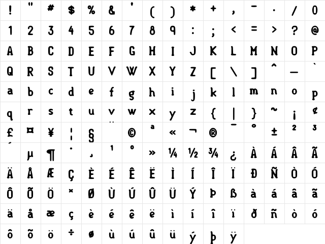 Semi-Sweet Bold  glyph index