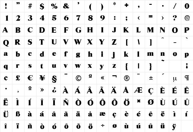 RiccioneSerial-Heavy Regular  glyph index