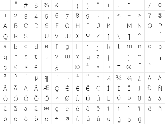 PrefaceLight Regular  glyph index
