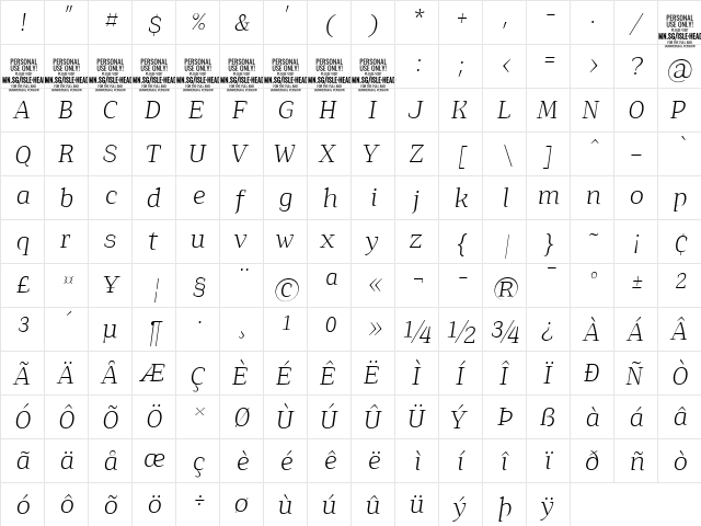 Isle Headline PERSONAL USE Light Italic  glyph index