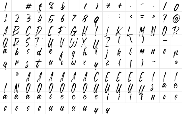 Brusthy Regular  glyph index