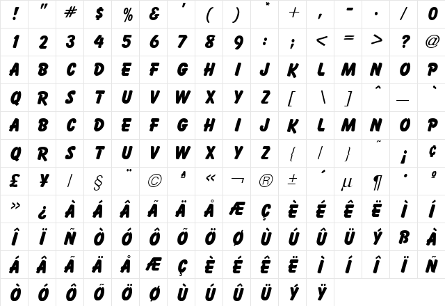 Bassoon Bold  glyph index