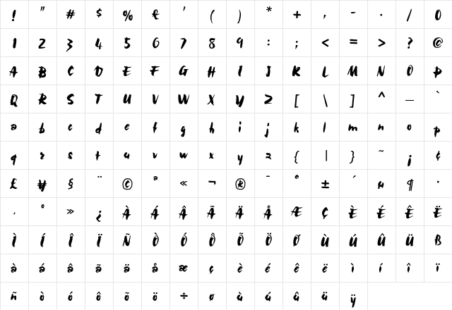 BolideScript Regular  glyph index