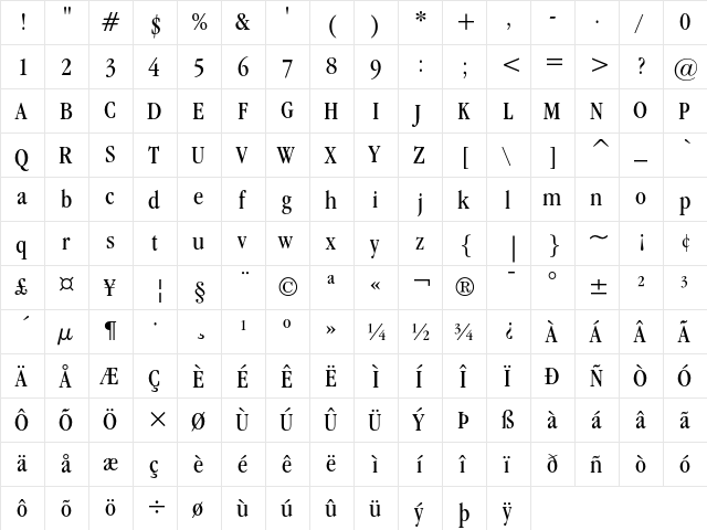 ITC Garamond Book Condensed  glyph index