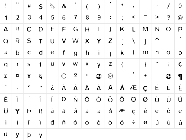 Blur Regular  glyph index