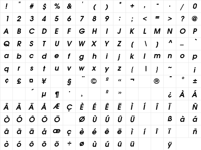 Moderne Demi Oblique  glyph index