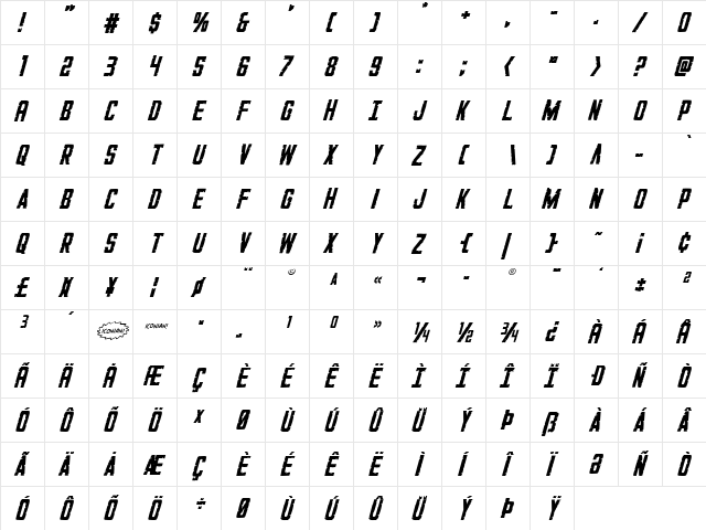 G.I. Incognito Italic Italic  glyph index