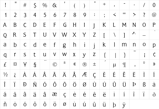 Grange-Light Regular  glyph index