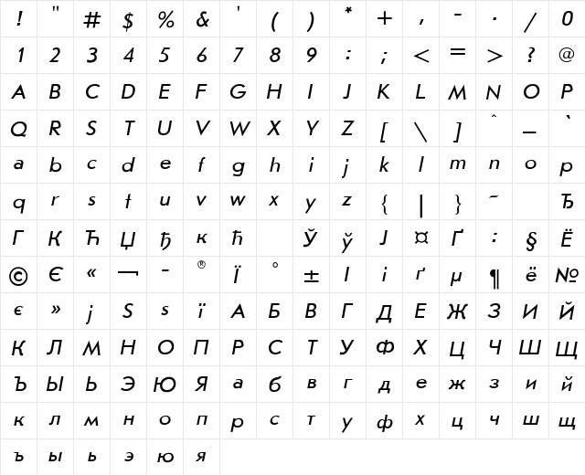 JournalSans Italic  glyph index