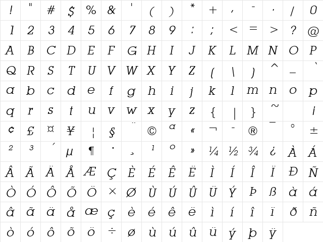 Mason Italic  glyph index