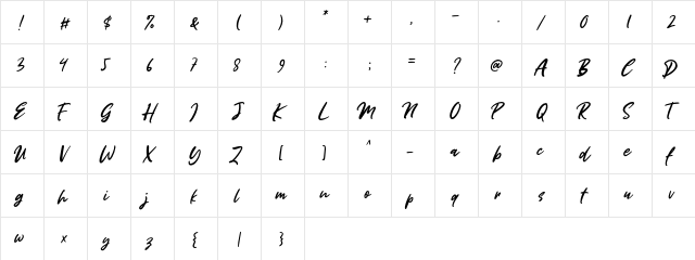 Miss Rhinetta Regular  glyph index