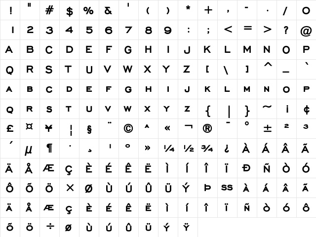 EngraversGothicBT Heavy  glyph index