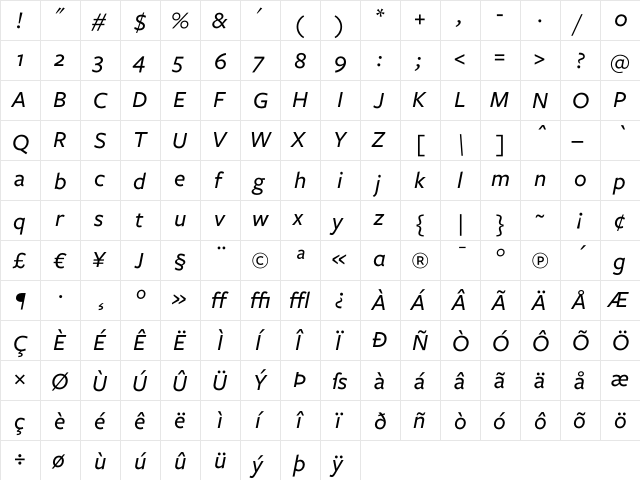 Freight Sans Medium Italic  glyph index