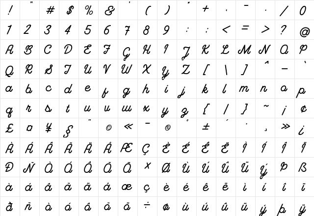 Frangklin Regular  glyph index