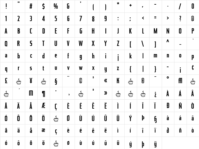 Tasse Regular  glyph index