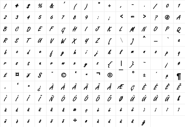Freeze Bold  glyph index