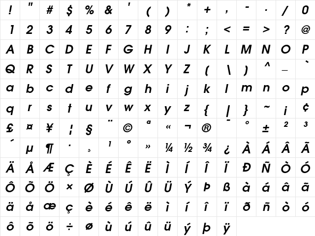 ITC Avant Garde Gothic Demi Oblique  glyph index