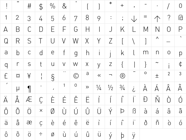 DIN LightAlternate  glyph index