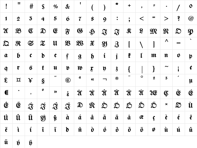 JustusFrakturEF Bold  glyph index