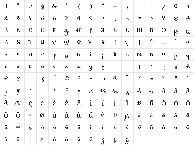 Dalliance Regular  glyph index